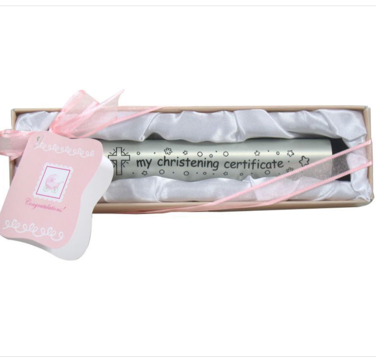 Christening Certificate Holder Silver with Cross in Gift Box - 2 Colours
