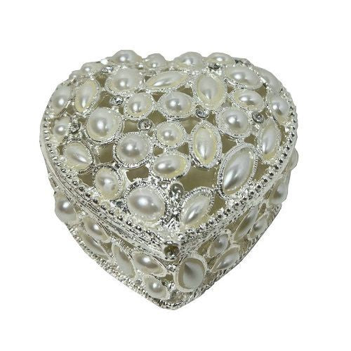 Metal Hollow Heart Shaped Jewellery Box Decorated with Elegant Pearls