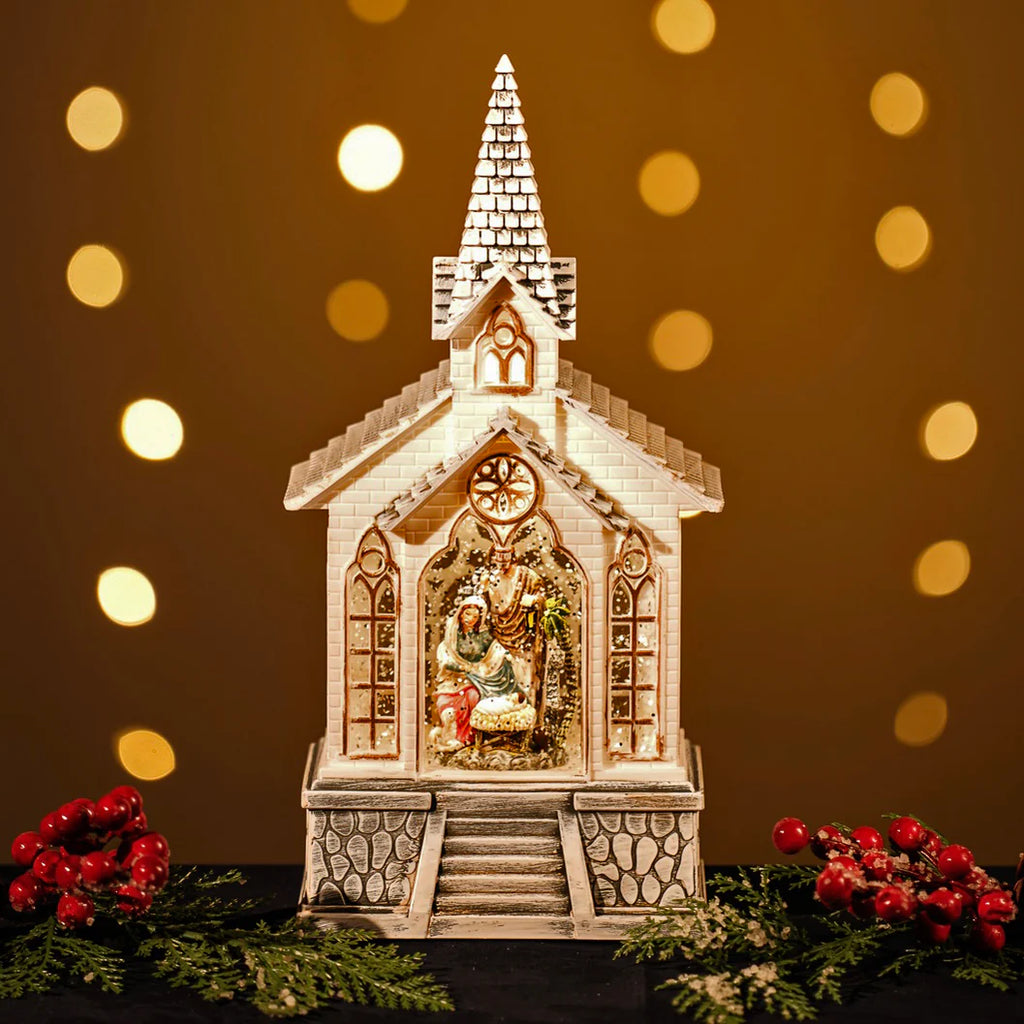 🎄Snowing White Church Lantern with Nativity