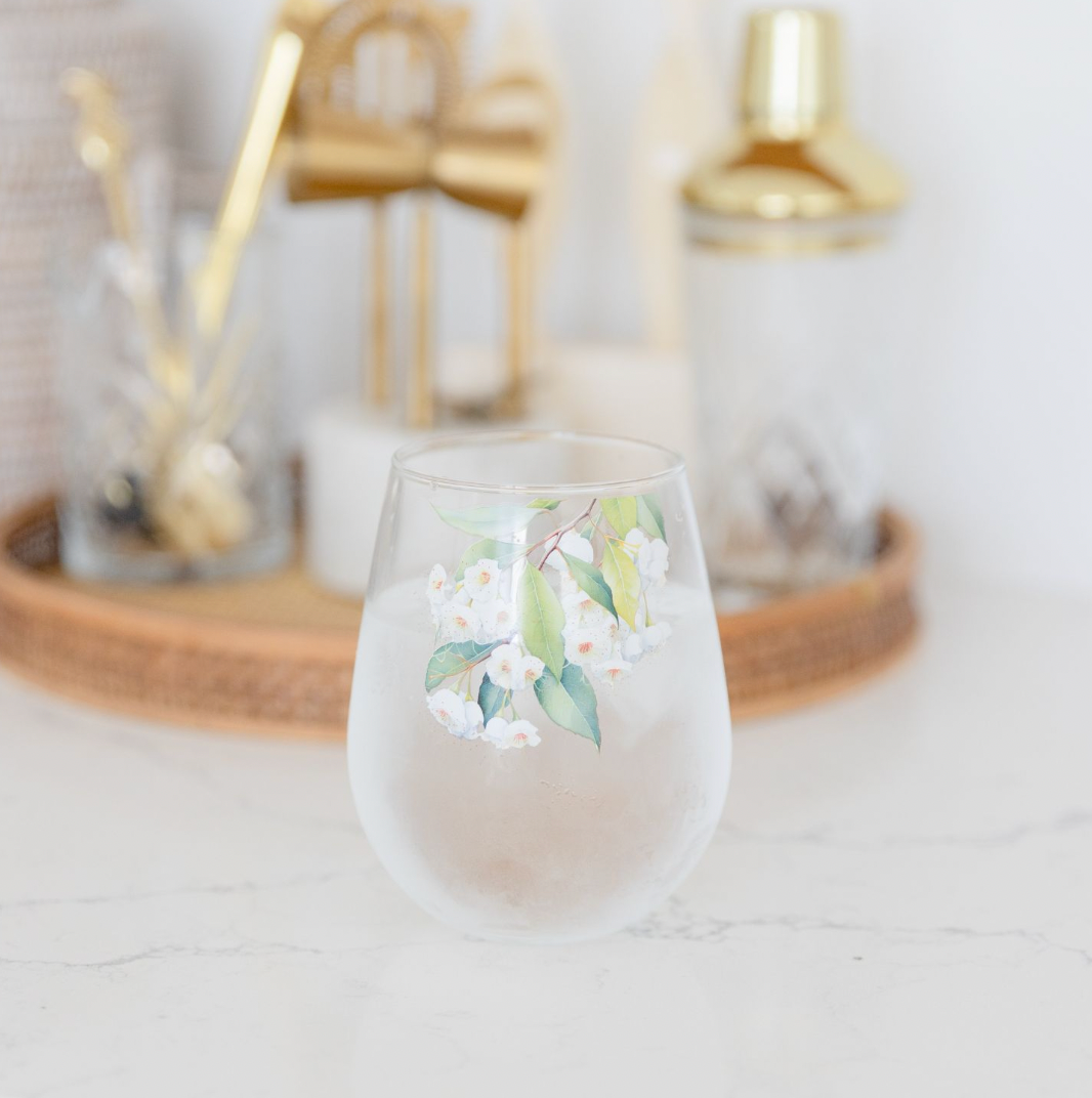 Native Blooms - White Floral Stemless Wine Glass