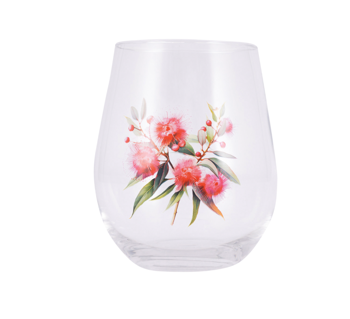 Native Blooms - Red Floral Stemless Wine Glass