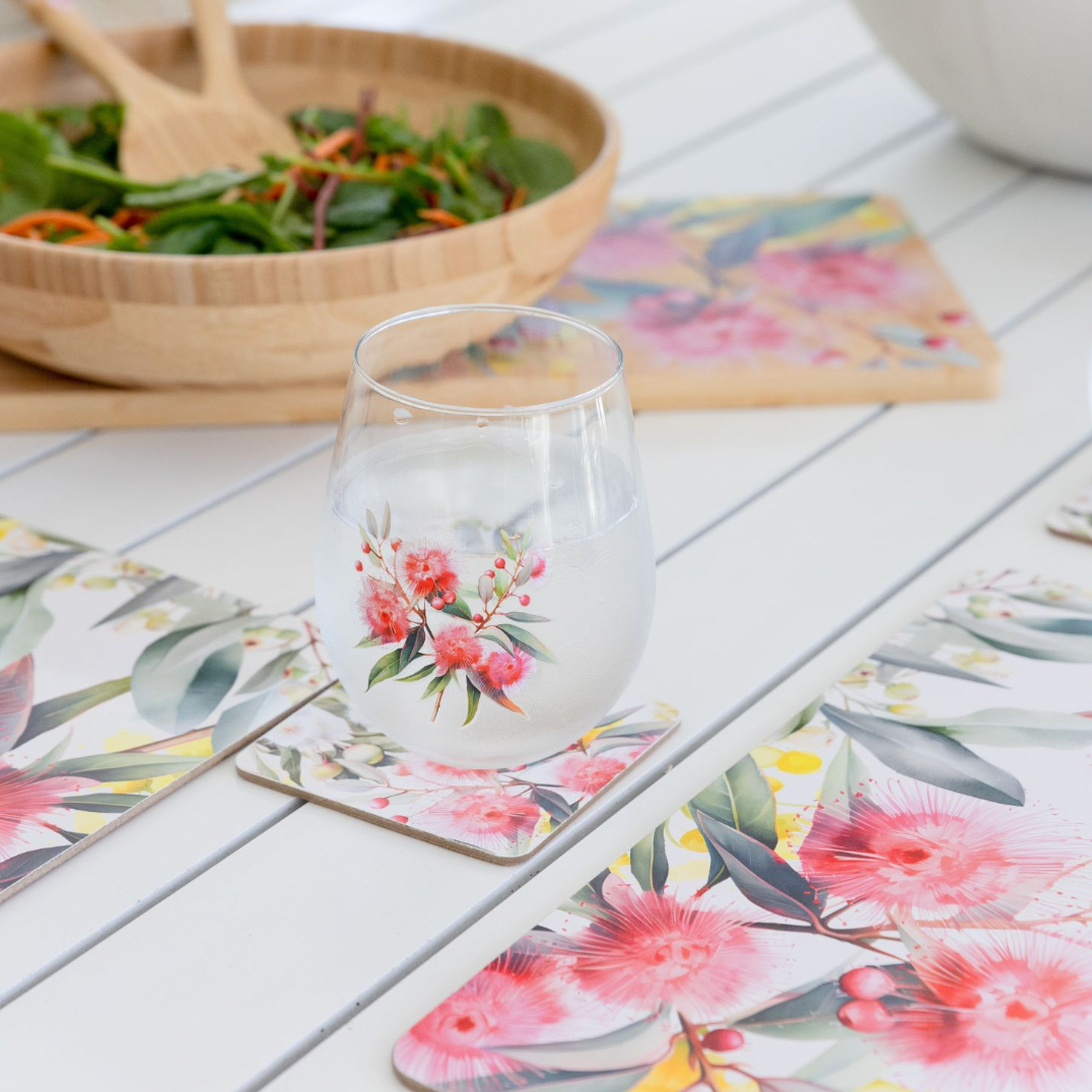 Native Blooms - Red Floral Stemless Wine Glass