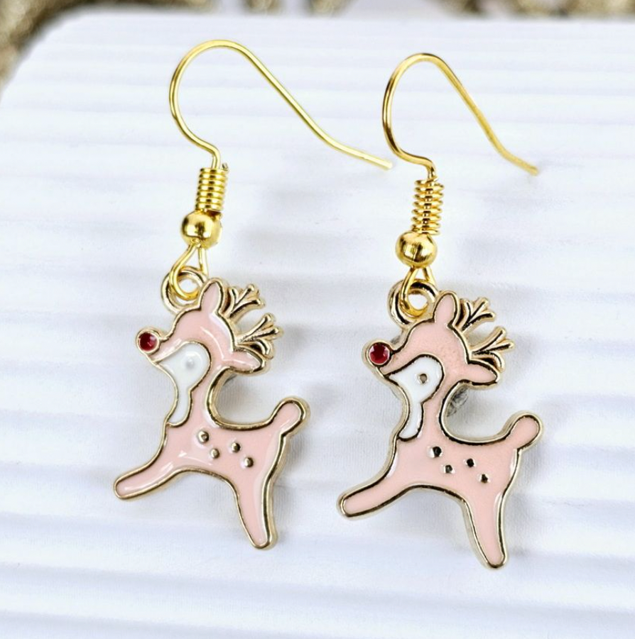 Christmas - Pastel Pink Reindeer Fashion Earrings