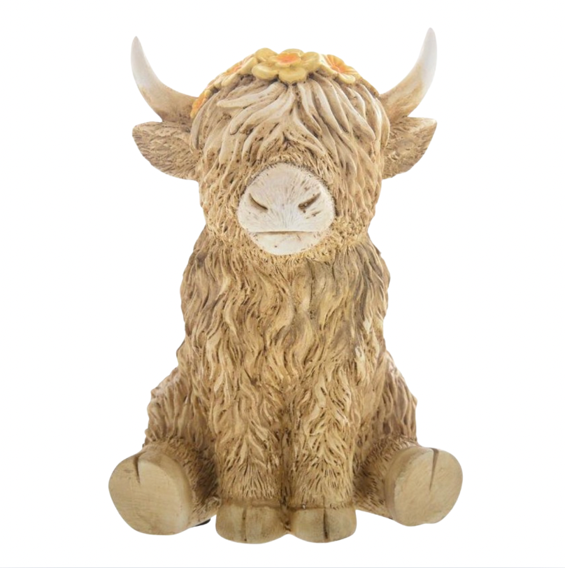 Flower Highland Cow Sitting Figurine