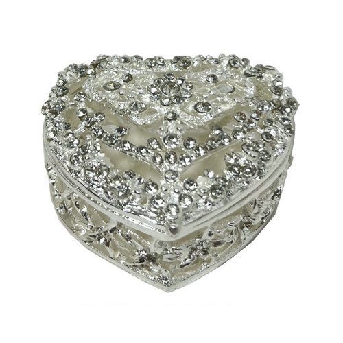 Metal Flower Design Hollow Heart Shaped Jewellery Box Decorated with Rhinestones